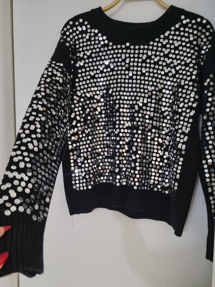 Kadın Siyah Pul İşlemeli Örgü Kazak - Görsel 2