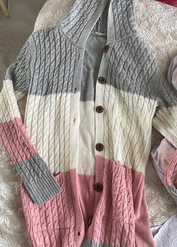 Gri Pembe Örgü Kadın Hırka - Görsel 2