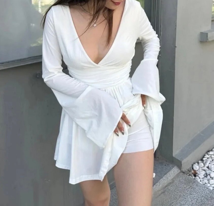 Beyaz Lolita V Yaka Coquette Elbise - Görsel 2