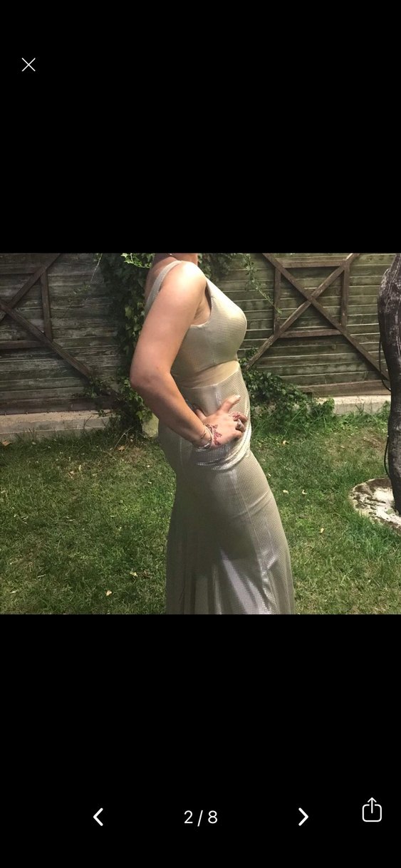 Altın Renk Drapeli V Yakalı Uzun Abiye Elbise - Görsel 4