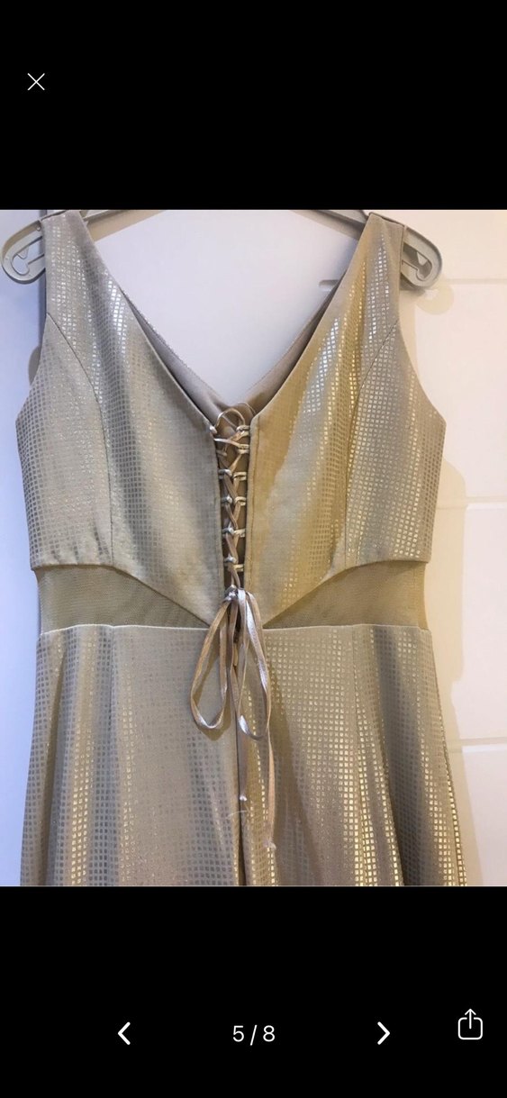 Altın Renk Drapeli V Yakalı Uzun Abiye Elbise - Görsel 3