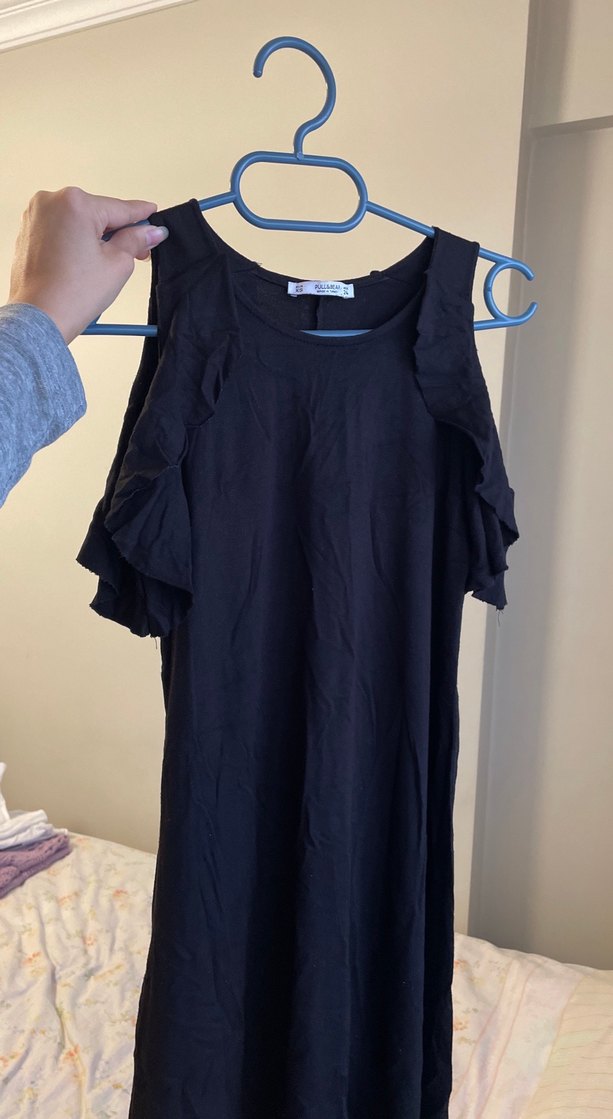 Siyah Mini Rahat Kesim Volanlı Elbise - Görsel 2