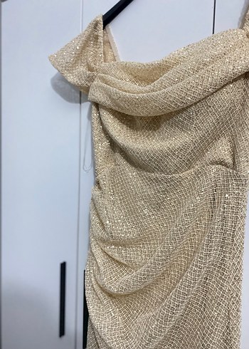 İndirimde ! Bej Drapeli Uzun Abiye Elbise PAZARLIK PAYI VARDIR - Görsel 2