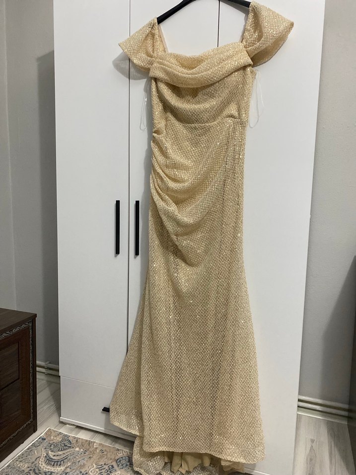 İndirimde ! Bej Drapeli Uzun Abiye Elbise PAZARLIK PAYI VARDIR - Görsel 3