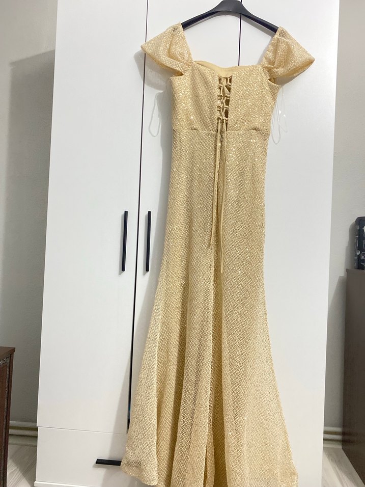 İndirimde ! Bej Drapeli Uzun Abiye Elbise PAZARLIK PAYI VARDIR - Görsel 4