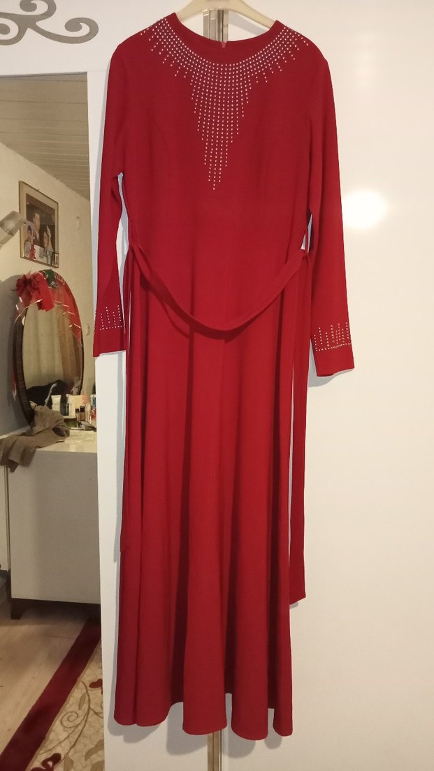 Bordo Uzun Kollu Drapeli Kadın Elbise - Görsel 3