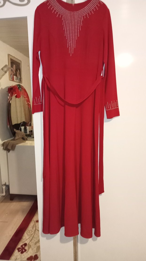 Bordo Uzun Kollu Drapeli Kadın Elbise - Görsel 2