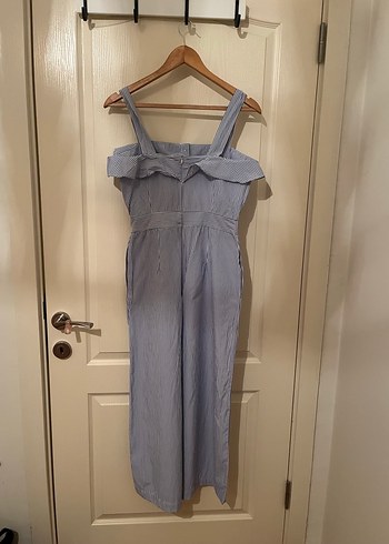 Düğmeli, Askılı, Uzun Mavi Keten Kadın Tulum - Görsel 2