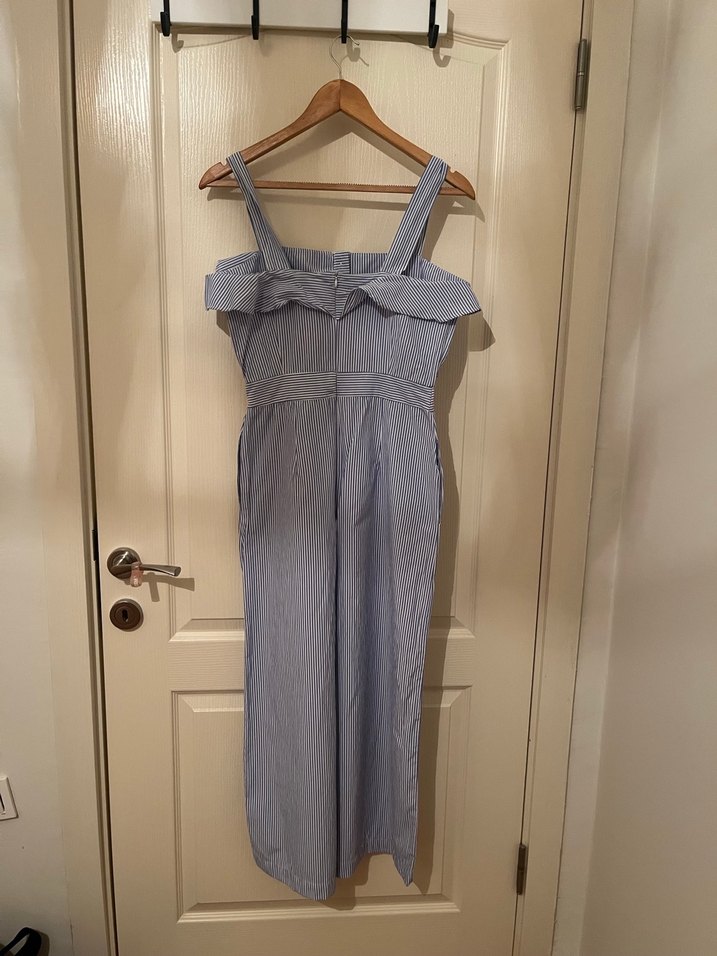 Düğmeli, Askılı, Uzun Mavi Keten Kadın Tulum - Görsel 2