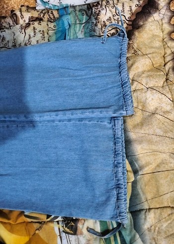 Düğmeli Bohem Mavi Denim Midi Pantolon - Görsel 3