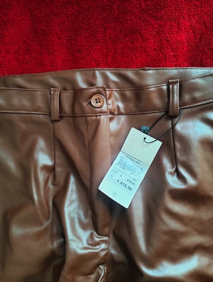 Kahverengi Deri Fermuarlı Kadın Pantolon - Görsel 3