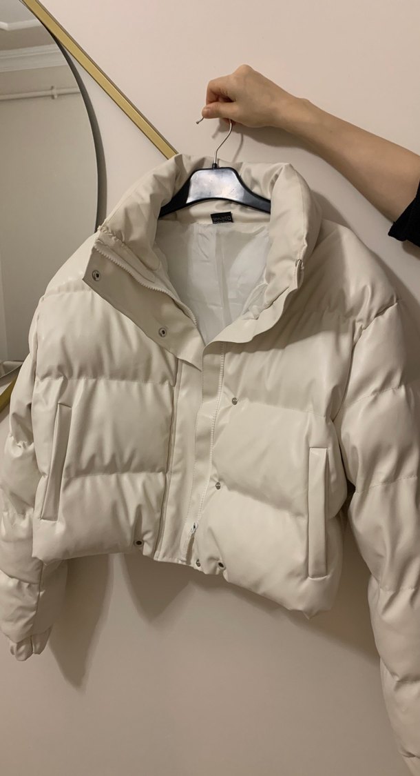 Fermuarlı Beyaz Deri Midi Kışlık Kadın Mont - Görsel 2