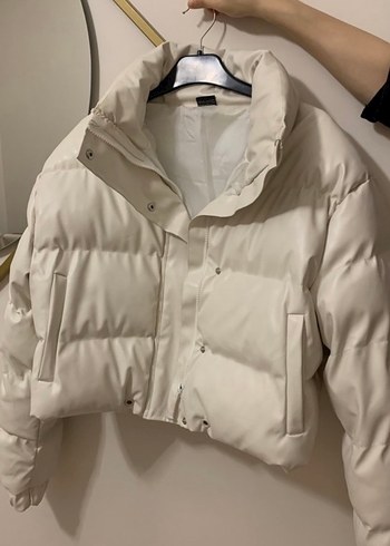 Düğmeli Deri Beyaz Kadın Kışlık Mont - Görsel 2