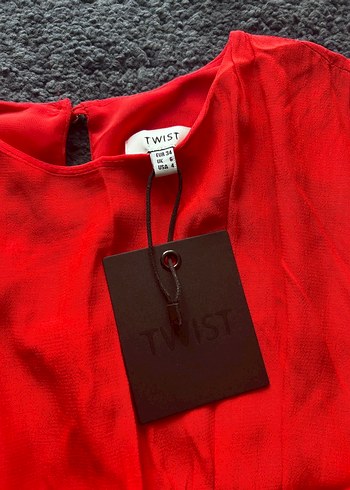 TwistUzun Kollu Kırmızı Midi Keten Elbise - Görsel 2