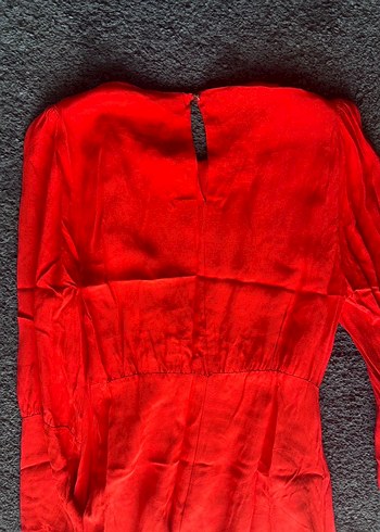 TwistUzun Kollu Kırmızı Midi Keten Elbise - Görsel 4