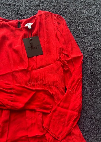 TwistUzun Kollu Kırmızı Midi Keten Elbise - Görsel 3