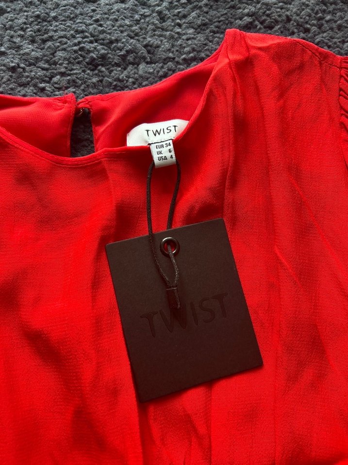 TwistUzun Kollu Kırmızı Midi Keten Elbise - Görsel 2