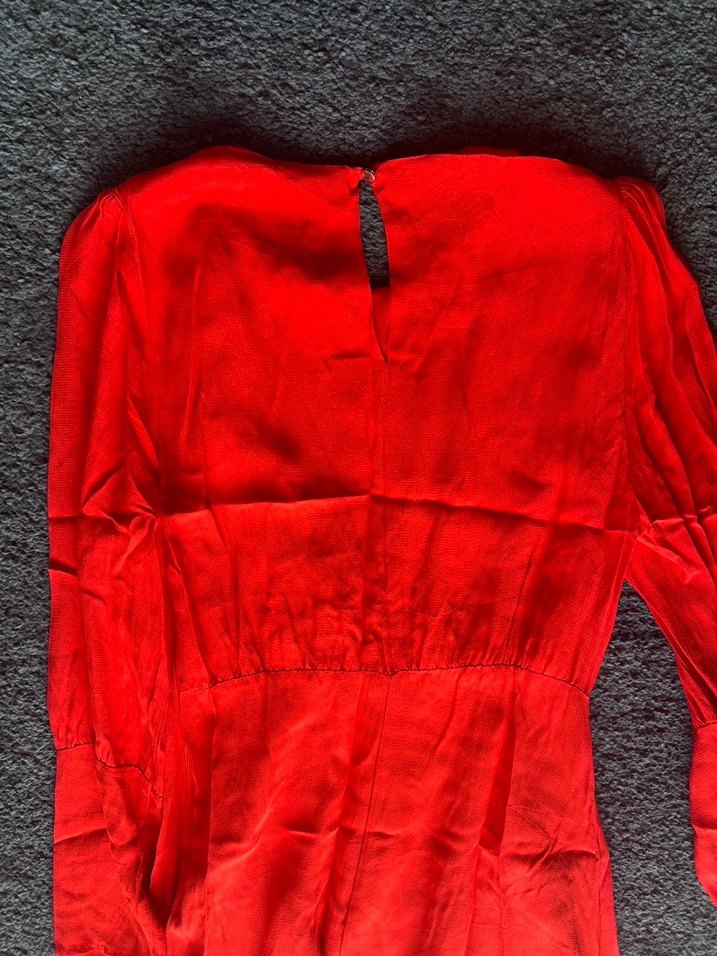 TwistUzun Kollu Kırmızı Midi Keten Elbise - Görsel 4