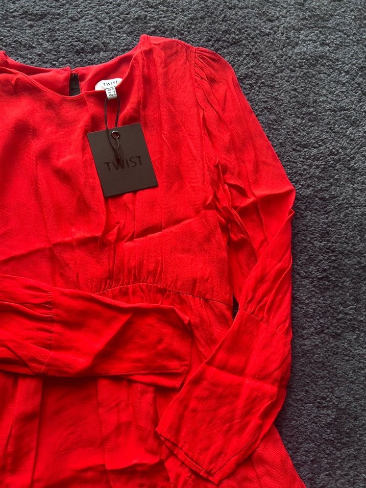 TwistUzun Kollu Kırmızı Midi Keten Elbise - Görsel 3