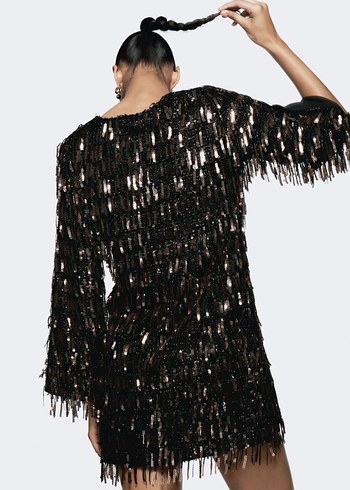 Zara Kahverengi Tüylü V Yaka Uzun Abiye Elbise - Görsel 2