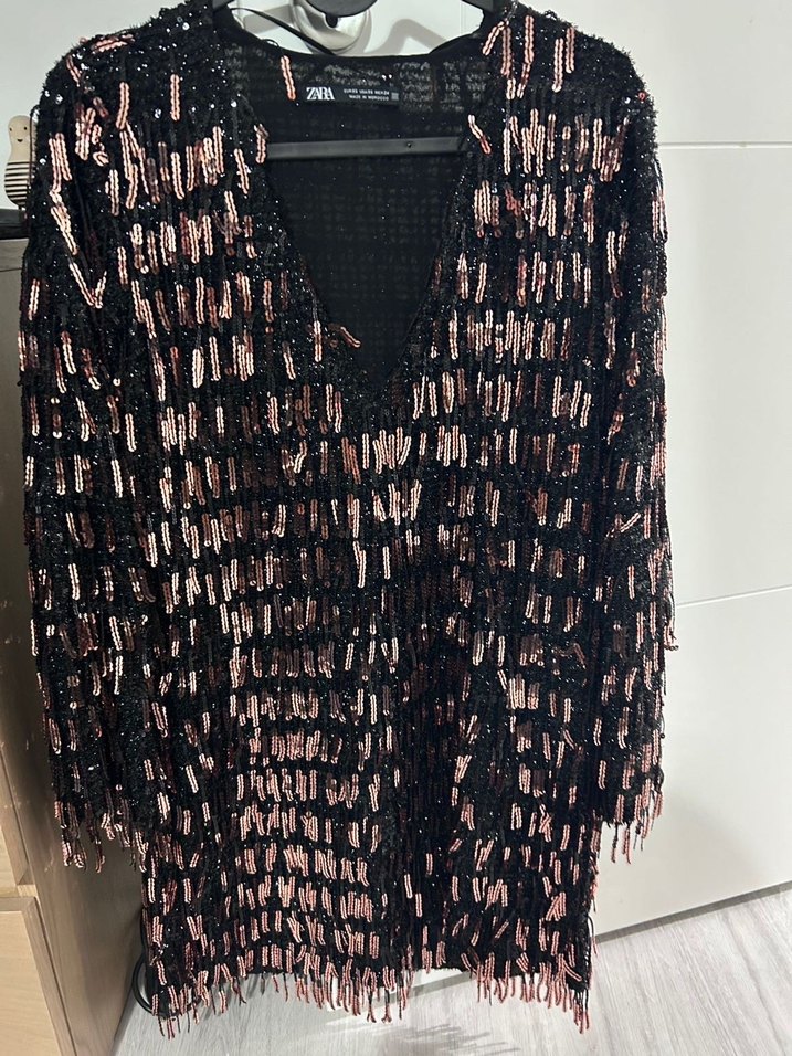 Zara Kahverengi Tüylü V Yaka Uzun Abiye Elbise - Görsel 4