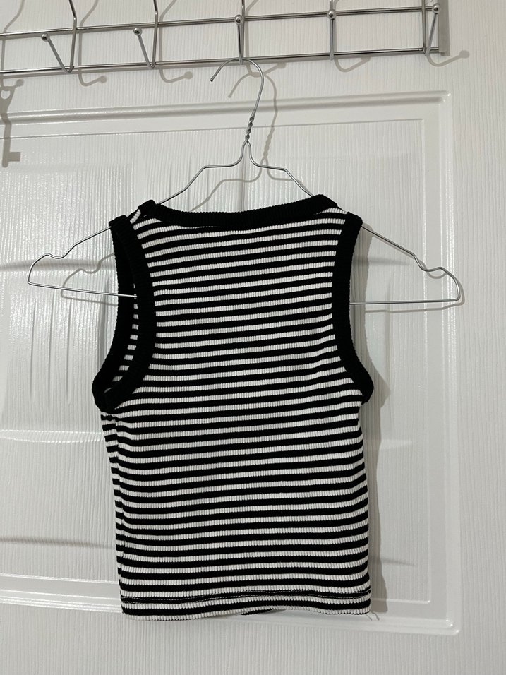 Siyah Beyaz Çizgili sıfır kol crop - Görsel 2