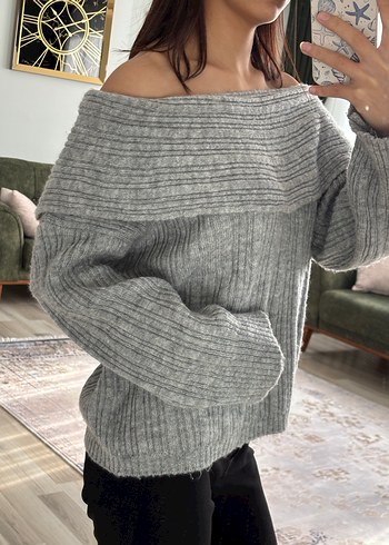 Gri Triko Kadın Kayık Yaka Kazak - Görsel 5