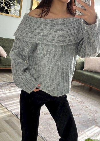 Gri Triko Kadın Kayık Yaka Kazak - Görsel 6