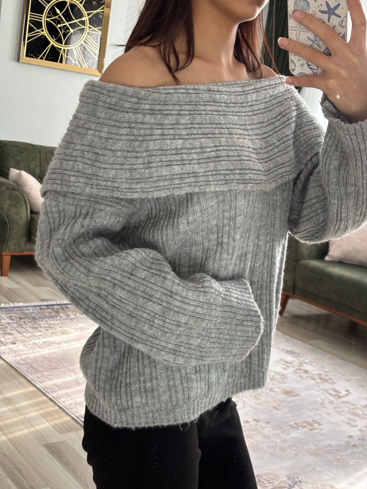 Gri Triko Kadın Kayık Yaka Kazak - Görsel 5