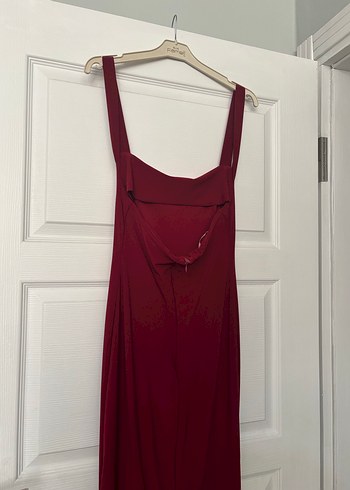 Bordo Uzun Drapeli İnce Askılı Elbise - Görsel 3