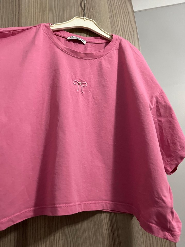 Pembe Kadın Kısa Kollu Pamuklu Tişört - Görsel 2