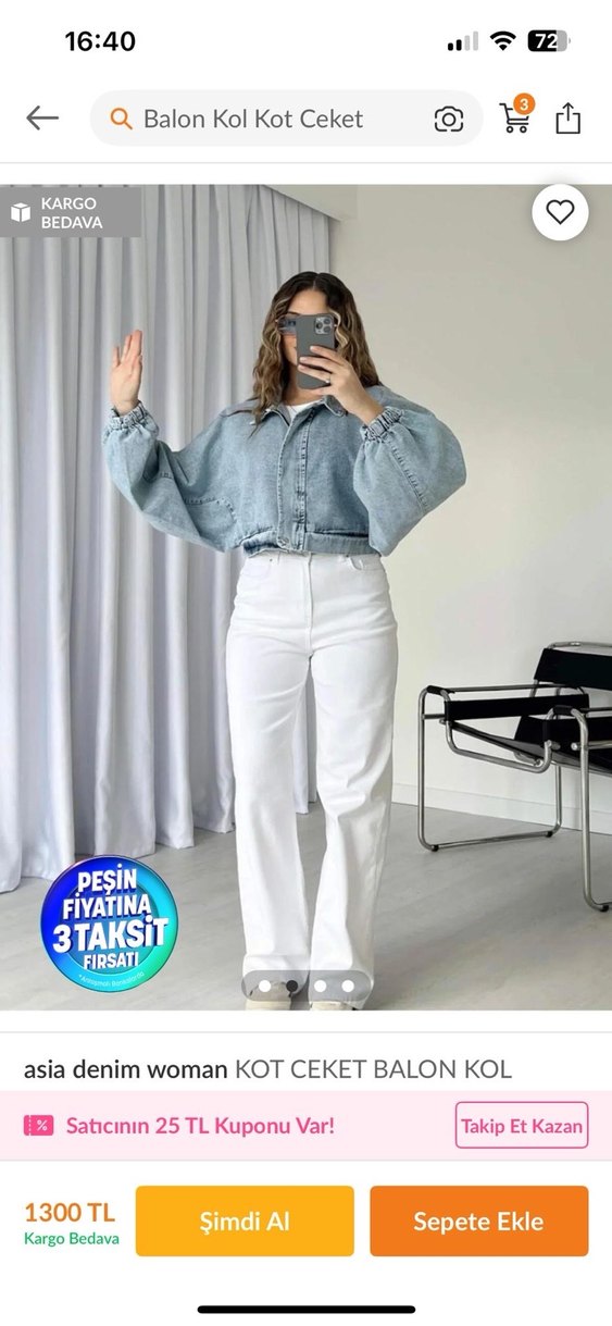 Kadın Gri Uzun Kollu Bol Kesim Denim Ceket - Görsel 3