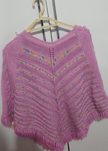 Kız Çocuk Pembe Nakışlı Örgü Panço - Görsel 4