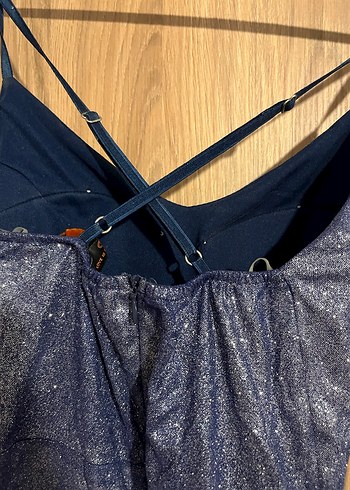 Gri- mavi yansımalı kısa Fırfırlı simli  Elbise - Görsel 4