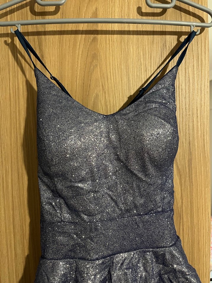 Gri- mavi yansımalı kısa Fırfırlı simli  Elbise - Görsel 3