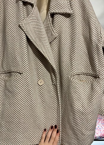 Bej Gri balıksırtı Desenli Midi Kadın Kaban - Görsel 4