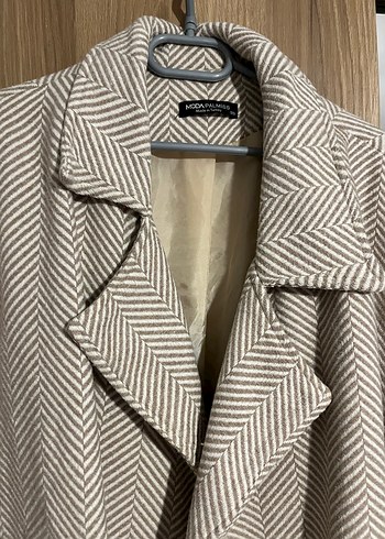 Bej Gri balıksırtı Desenli Midi Kadın Kaban - Görsel 2