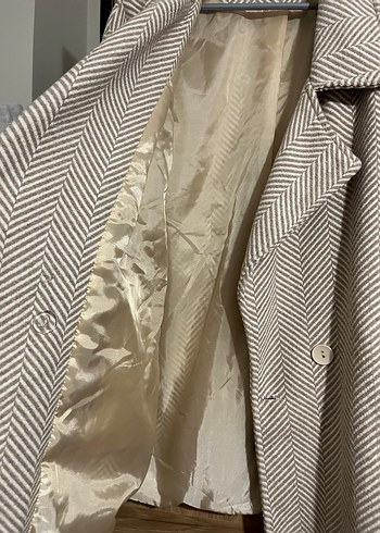 Bej Gri balıksırtı Desenli Midi Kadın Kaban - Görsel 3