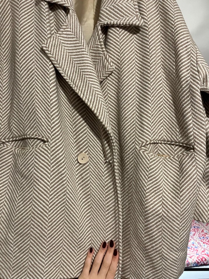 Bej Gri balıksırtı Desenli Midi Kadın Kaban - Görsel 4