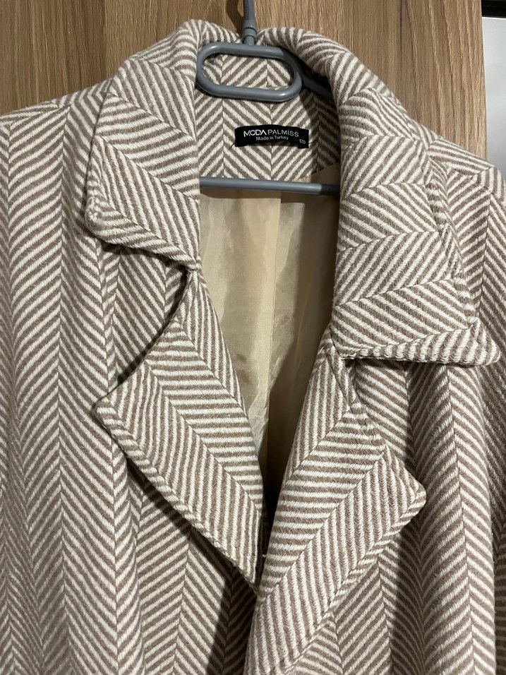 Bej Gri balıksırtı Desenli Midi Kadın Kaban - Görsel 2