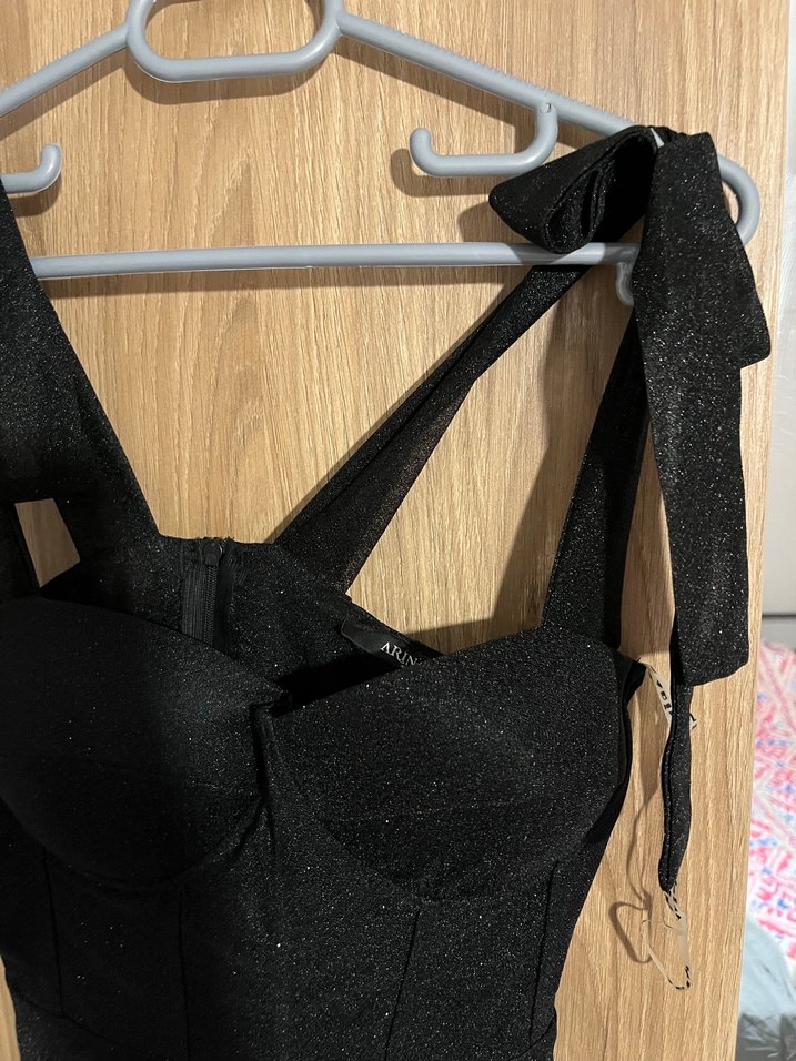 Siyah Simli Uzun Ayarlanabilir askılı Abiye Elbise - Görsel 4