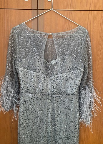 Gri Uzun Kollu Drapeli Abiye Elbise - Görsel 5