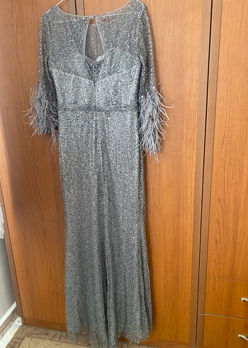 Gri Uzun Kollu Drapeli Abiye Elbise - Görsel 4