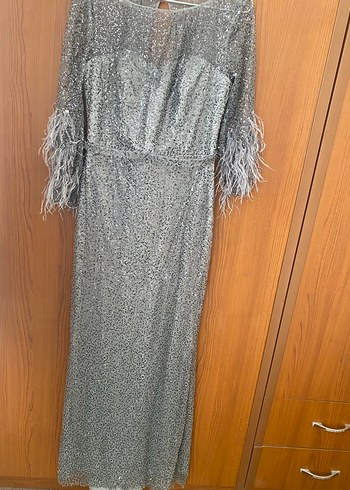 Gri Uzun Kollu Drapeli Abiye Elbise - Görsel 2