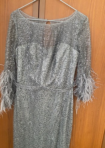 Gri Uzun Kollu Drapeli Abiye Elbise - Görsel 3