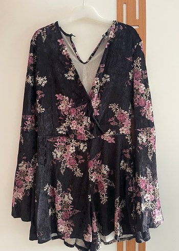 Siyah V Yaka kadife  Uzun Kollu mini tulum - Görsel 2