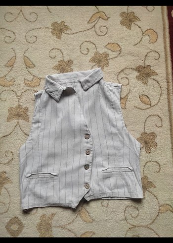 Düğmeli Kolsuz Keten Gri Yelek - Görsel 2