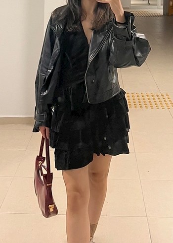 La Sarta Siyah Fırfırlı Mini Elbise - Görsel 2