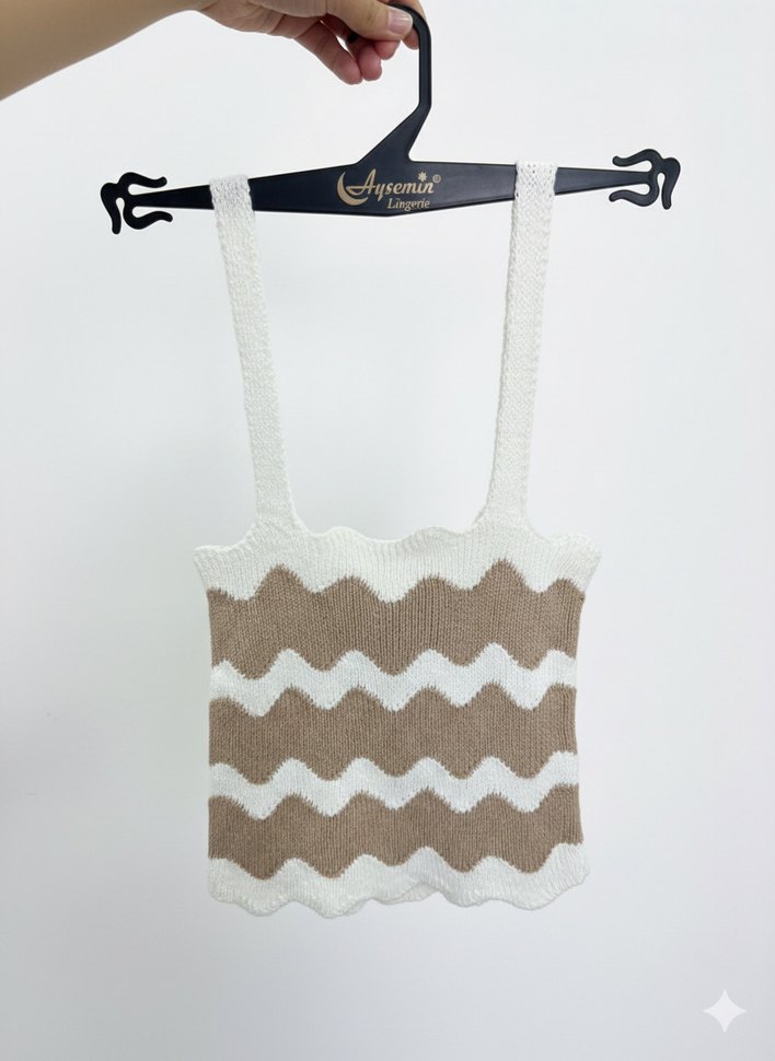 Pembe Örgü Çizgili Mini Kadın Atlet - Görsel 2