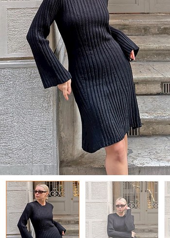 Siyah Uzun Kollu Triko Elbise - Görsel 2